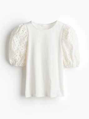 H&M White Soft Cotton Eyelet Puff Sleeve Women's Top SMALL